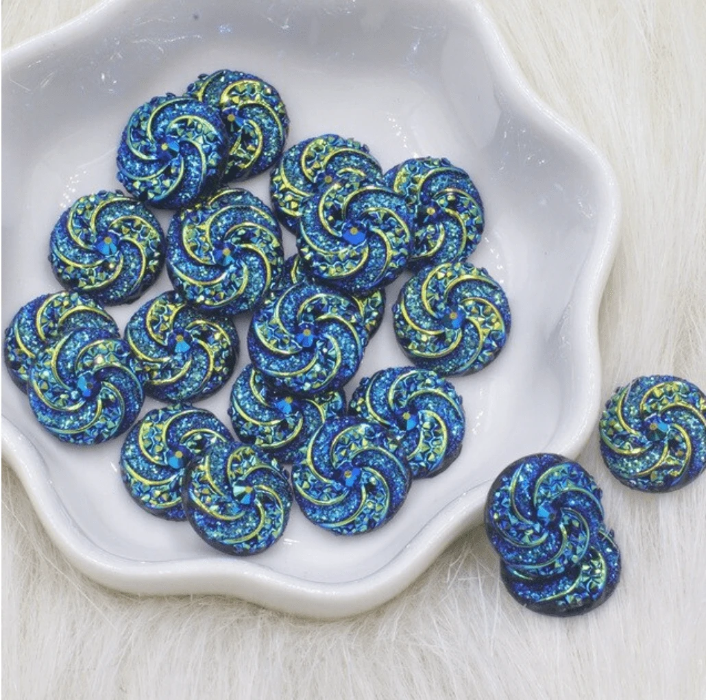 12mm, Black Blue AB, AB Round Swirl Burst, Sew on, Resin Gems, Resin Gem, (Sold in Pair)