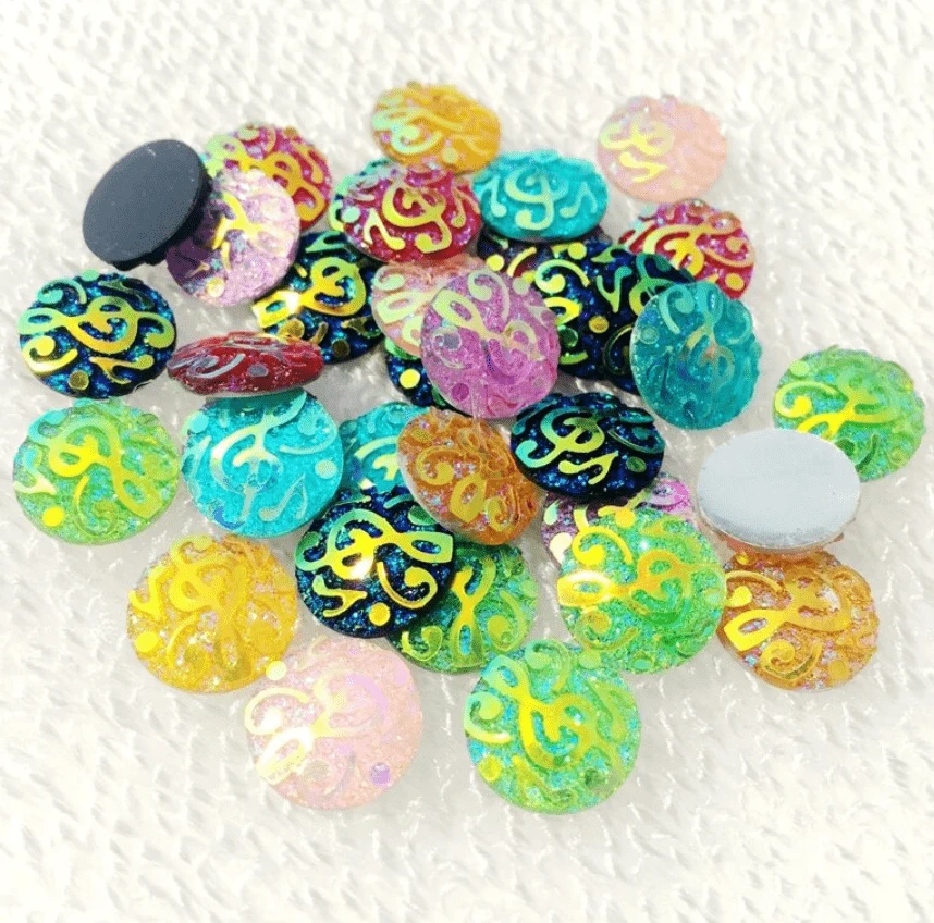 Sundaylace Creations & Bling Resin Gems 12mm AB White, Music Note Pattern, Glue on, Resin Gem