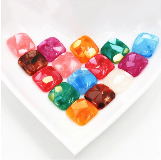 12mm Bright Red Marble Marbled Opal Rounded Square, Glue on, Resin Gem, (Sold in Pair)