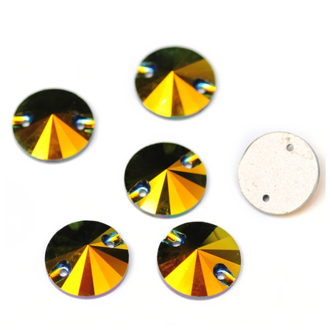 12mm Metallic Jet AB *Golden* Rivoli, Sew on, Fancy Glass Gem (Sold in Pair) Fancy Glass Gems