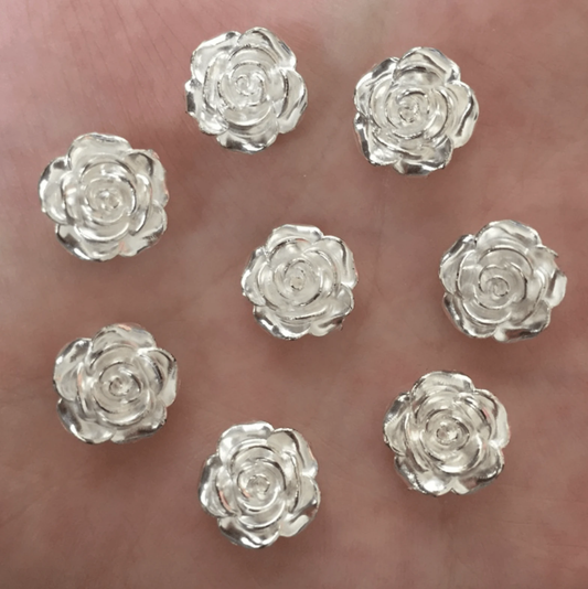Sundaylace Creations & Bling Resin Gems 12mm Silver Metallic Roses floral, glue on, resin gems