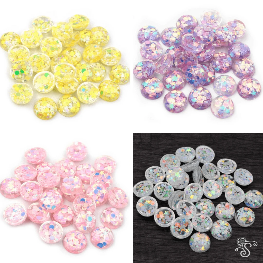 12mm, Yellow AB Confetti, Stars/Moon AB Confetti in Clear Acrylic Dome Rivoli, Glue on, Acrylic Resin Gems, Resin Gem, (Sold in Pair)