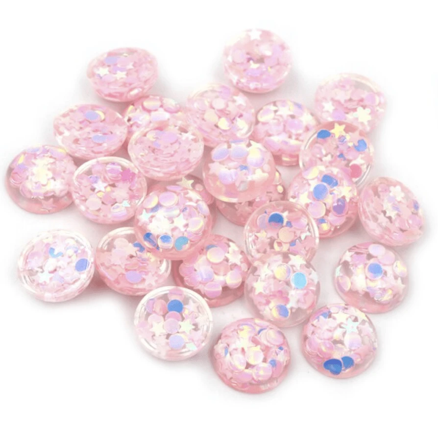 12mm, Pink AB Confetti, Stars/Moon AB Confetti in Clear Acrylic Dome Rivoli, Glue on, Acrylic Resin Gems, Resin Gem, (Sold in Pair)