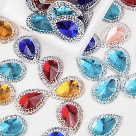 13*18mm Black Jewel Mixed Colourful Jewels with Silver Frame, Sew On, Resin Gem, (Sold in Pair)