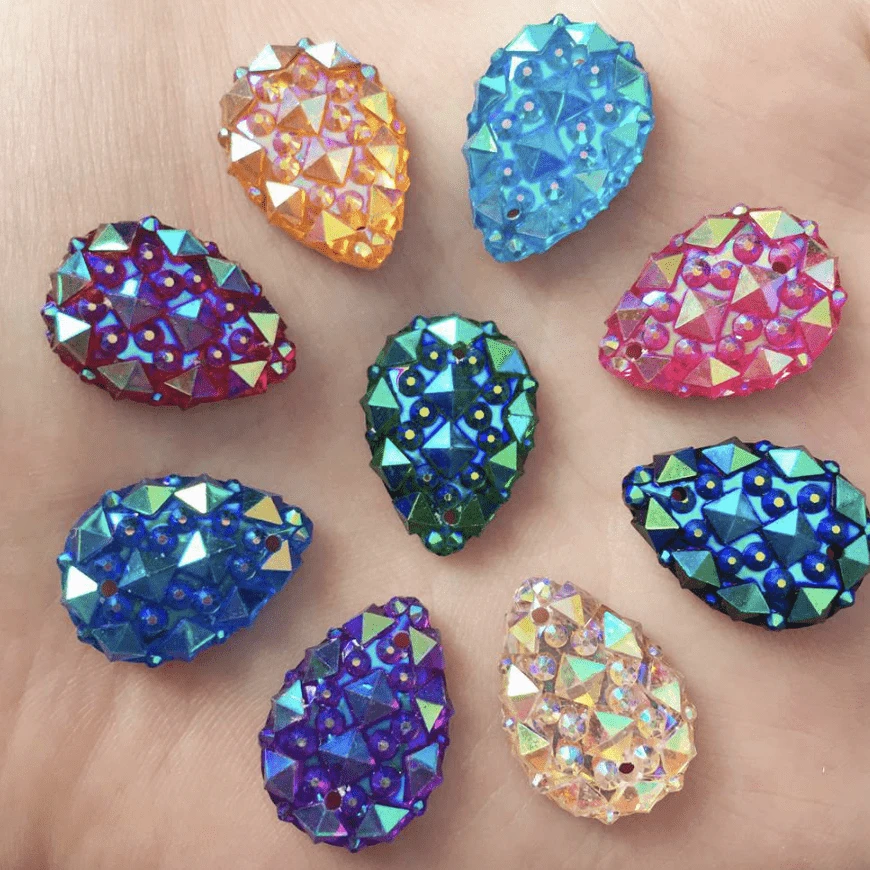 Sundaylace Creations & Bling Resin Gems 13*18mm Crinkle Druzy Texture, AB Teardrop, Sew on, Resin Gem