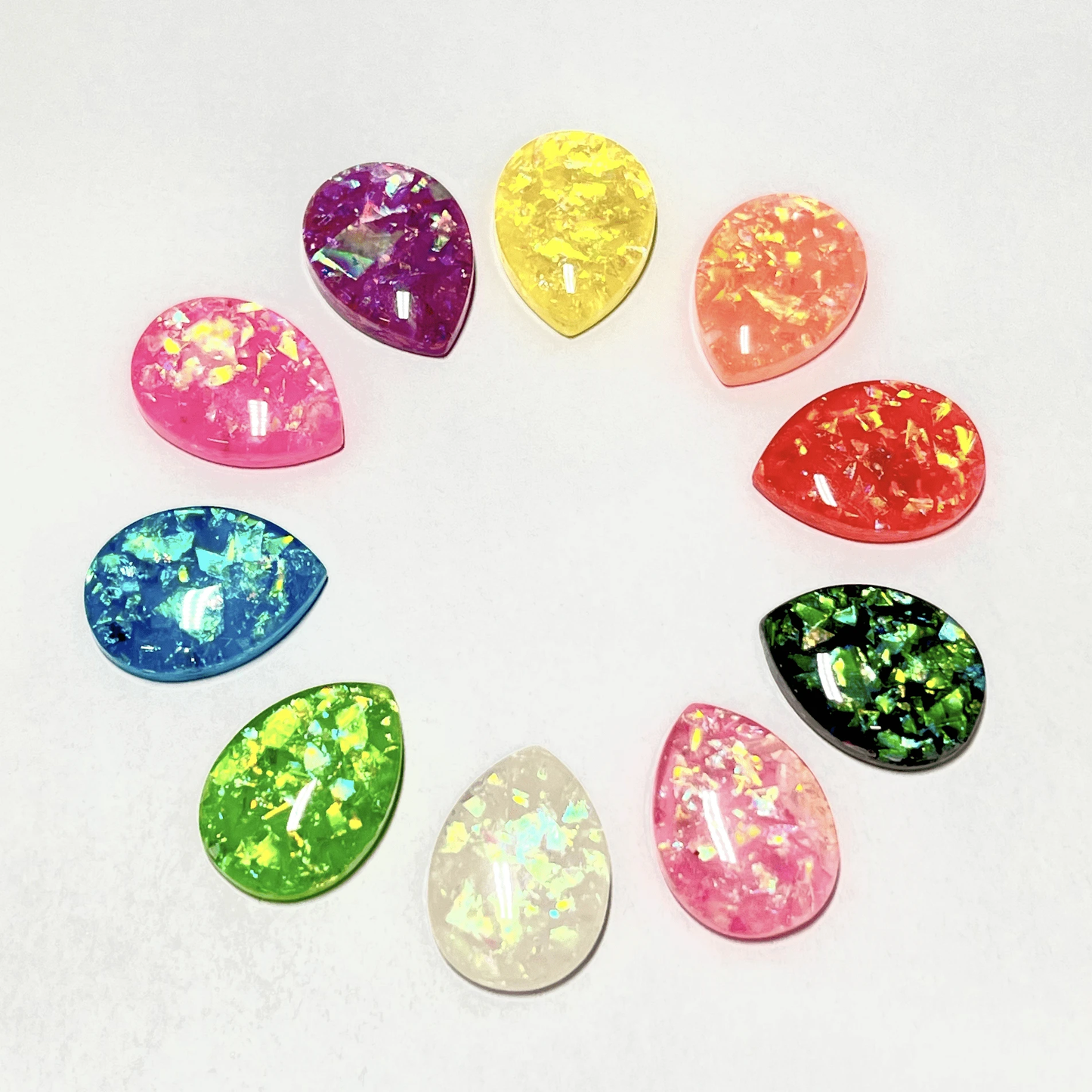 13*18mm, Green AB, Opal Fat Dome Teardrop, Sew on, Resin Gem, (Sold in Pair)