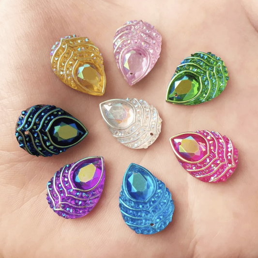 13*18mm Purple AB Peacock Feather with Stripes Pattern, Sew On, Resin Gem, (Sold in Pair)