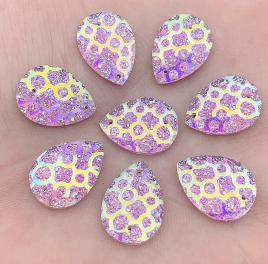Sundaylace Creations & Bling Resin Gems Pink AB Droplet 13*18mm Pink or Silver Droplet Textured Teardrop, Sew on, Resin Gems
