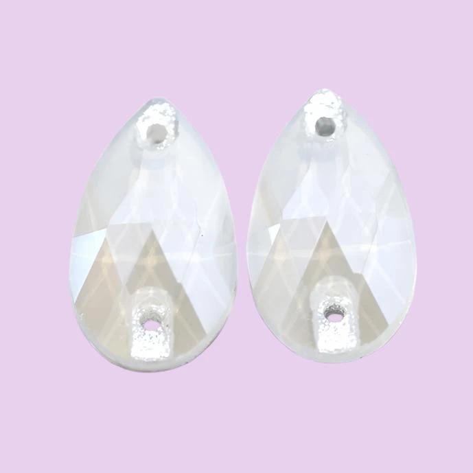 13*18mm White Jelly Luster Finish, Sew on, Foil Back, Teardrop Glass Gem (Sold in Pair) Glass Gems