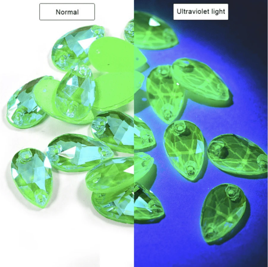 Sundaylace Creations & Bling Glass Gems Green NEON AB 13*22mm NEON AB Luster Teardrops, *Blacklight sensitive/Glow* Sew on, Glass Gems