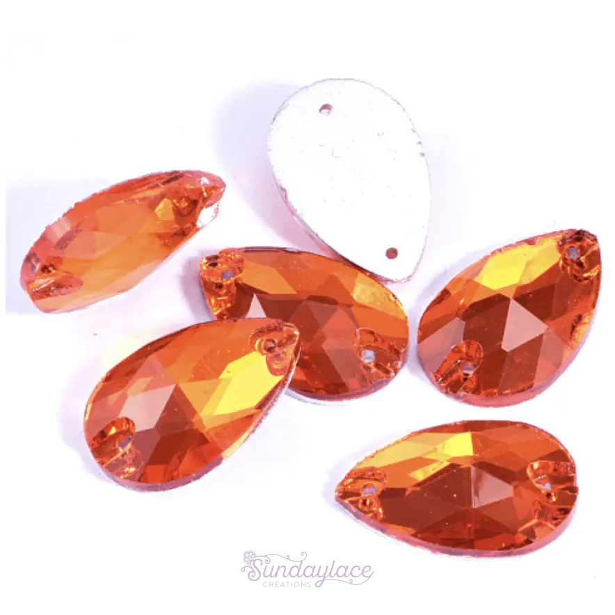 Sundaylace Creations & Bling Glass Gems 13*22mm Orange Mandarin Teardrop, Sew on, Glass Gem