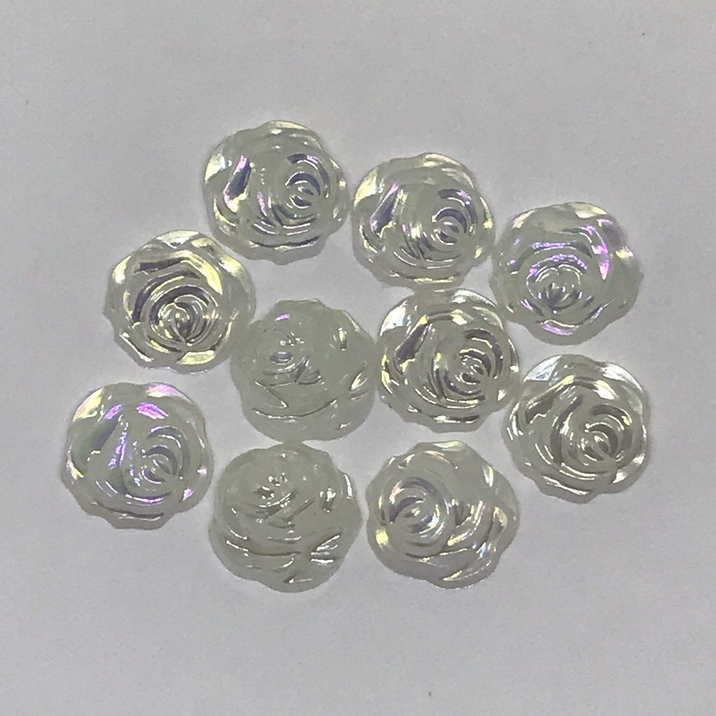 15mm, White AB, Pearl AB Rose Shaped , Glue on, Resin Gem, (Sold in Pair)