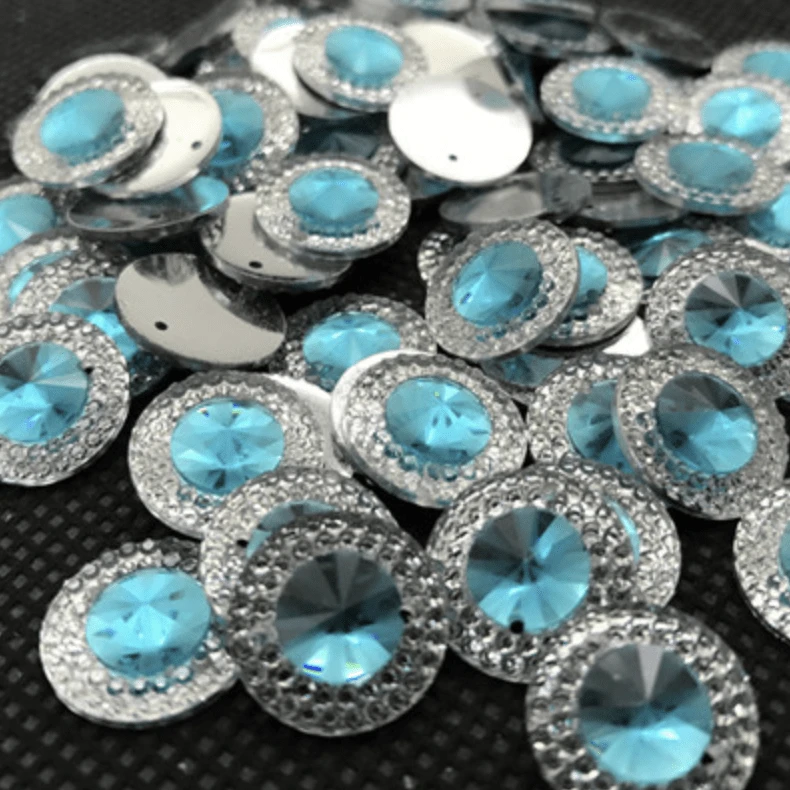 Sundaylace Creations & Bling Resin Gem 14mm Colourful Round in Silver Frame Rivoli, Sew on, Resin Gem