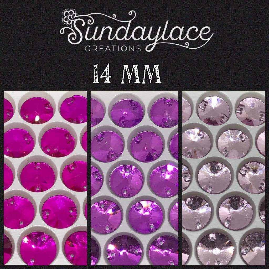 Sundaylace Creations & Bling Glass Gem 14mm Rose Pink, Dark Purple and Light Purple Rivoli Glass Gem, Sew on