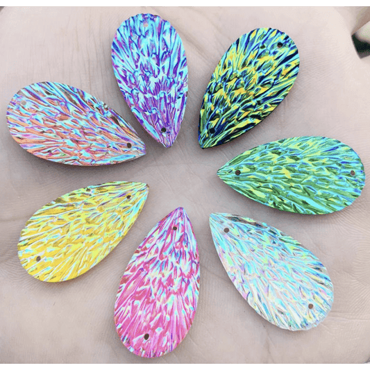 15*29mm Green AB Phoenix Texture Long Teardrop, Glue on, Resin Gem, (Sold in Pair)