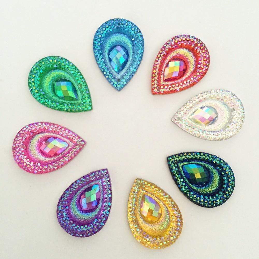 17*25mm, Hot Pink AB, AB Teardrop with Peacock Pattern, Sew on, Resin Gem, (Sold in Pair)