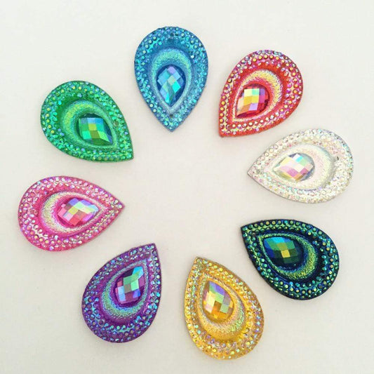 17*25mm Hot Pink AB Teardrop with Peacock Pattern, Sew On, Resin Gem, (Sold in Pair)