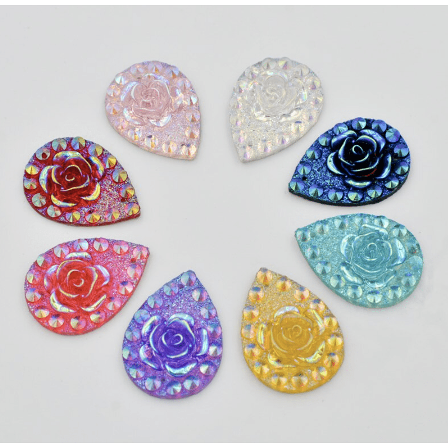 18*25mm, Aqua AB, AB Rose with Dot Pattern, Teardrop, Sew on, Resin Gem, (Sold in Pair)