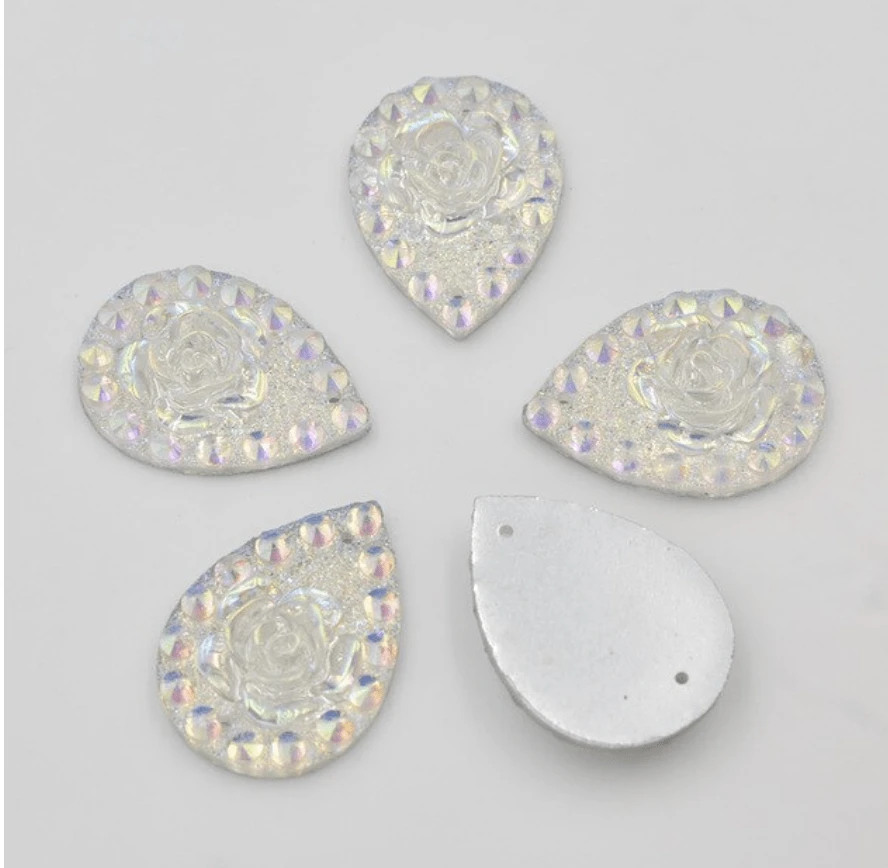 Sundaylace Creations & Bling Resin Gems AB White/Clear 18*25mm AB Rose with Dot Pattern, Teardrop, Sew on, Resin Gem