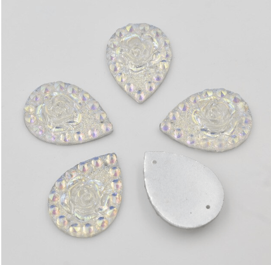 Sundaylace Creations & Bling Resin Gems AB White/Clear 18*25mm AB Rose with Dot Pattern, Teardrop, Sew on, Resin Gem