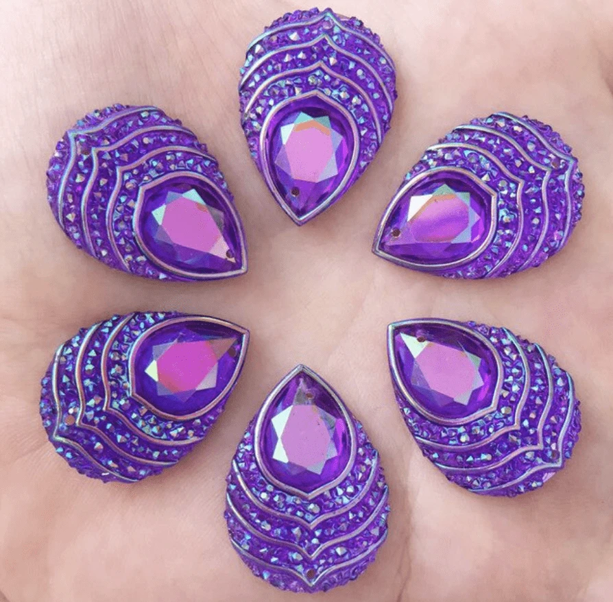 18*25mm, Purple Peacock Teardrop, Peacock Mixed AB Teardrop, Sew on, Resin Gem, (Sold in Pair)