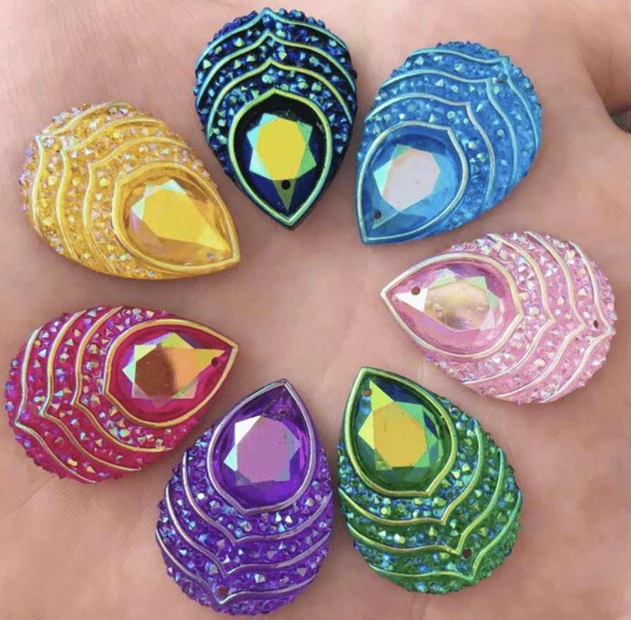 18*25mm, Dark Pink/red Peacock Teardrop, Peacock Mixed AB Teardrop, Sew on, Resin Gem, (Sold in Pair)