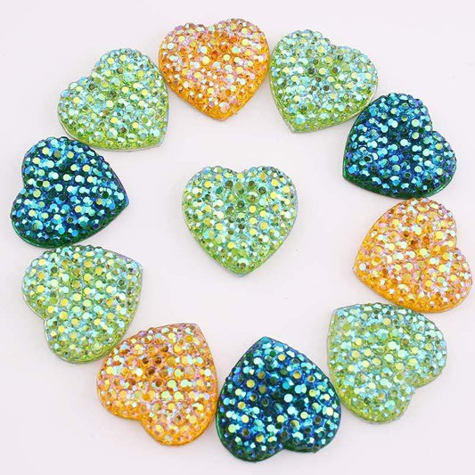 18mm Gold Yellow AB Green Light Green Dot Texture Heart, Sew On, Resin Gem, (Sold in Pair)