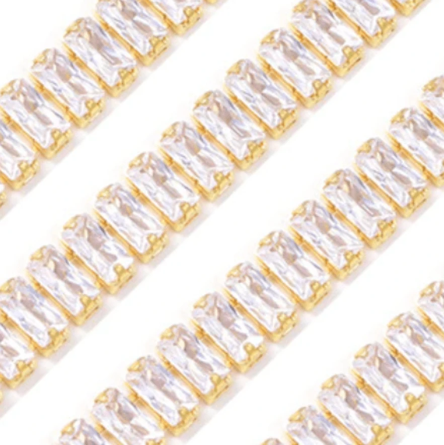 2*5.7mm CLEAR RECTANGLE STONE with 24kt Plated Gold Rhinestone Metal Chain, Sold in 18" *RARE* SS6 Metal Rhinestone Chain