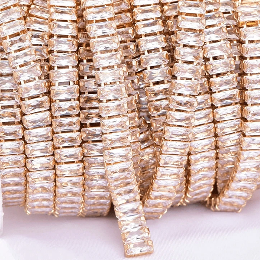 2*5.7mm CLEAR RECTANGLE STONE with Gold Rhinestone Metal Chain, Sold in 18" *RARE* SS6 Metal Rhinestone Chain