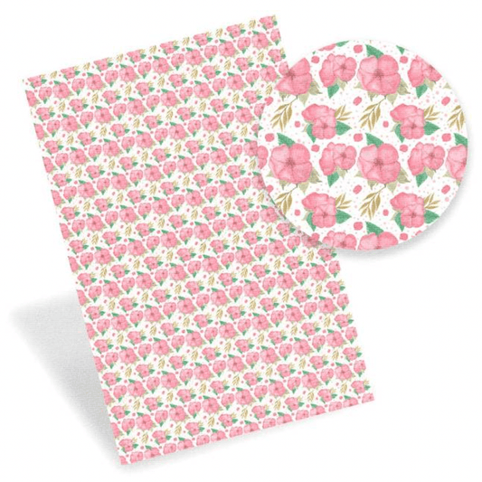 Leatherette Basics 20*30cm Hawaii Pink Blossoms Floral pattern Printed Leatherette Sheet, Long Leatherette Sheet