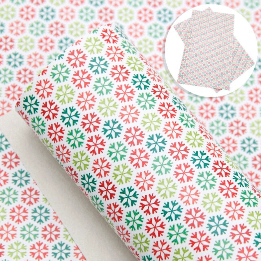 leatherette Basics 20*30cm Red & Green Snowflakes on White Christmas Background Printed Leatherette, Sold in sheet
