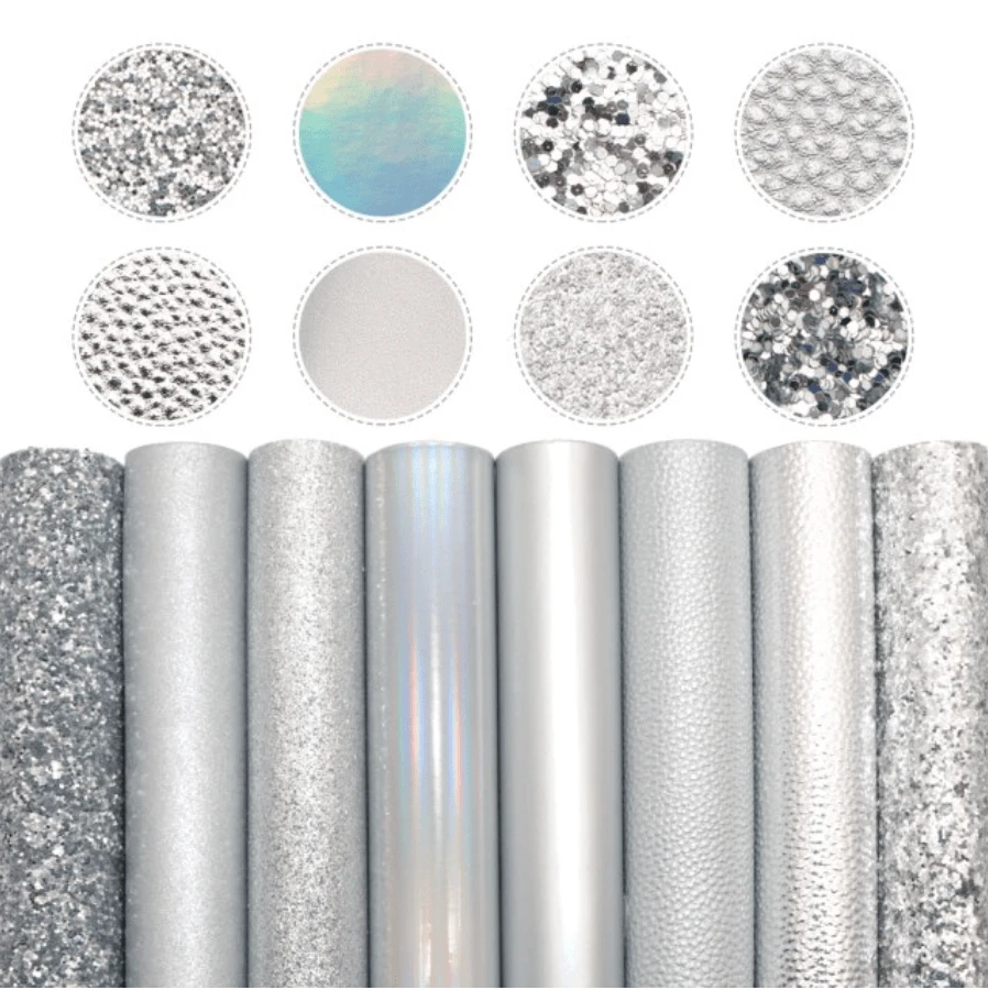 Leatherette Basics 20*33cm Silver AB Metallic 8 Full Sized Sheet Set with Various Textures Leatherette Sheets *SET*, Promotions