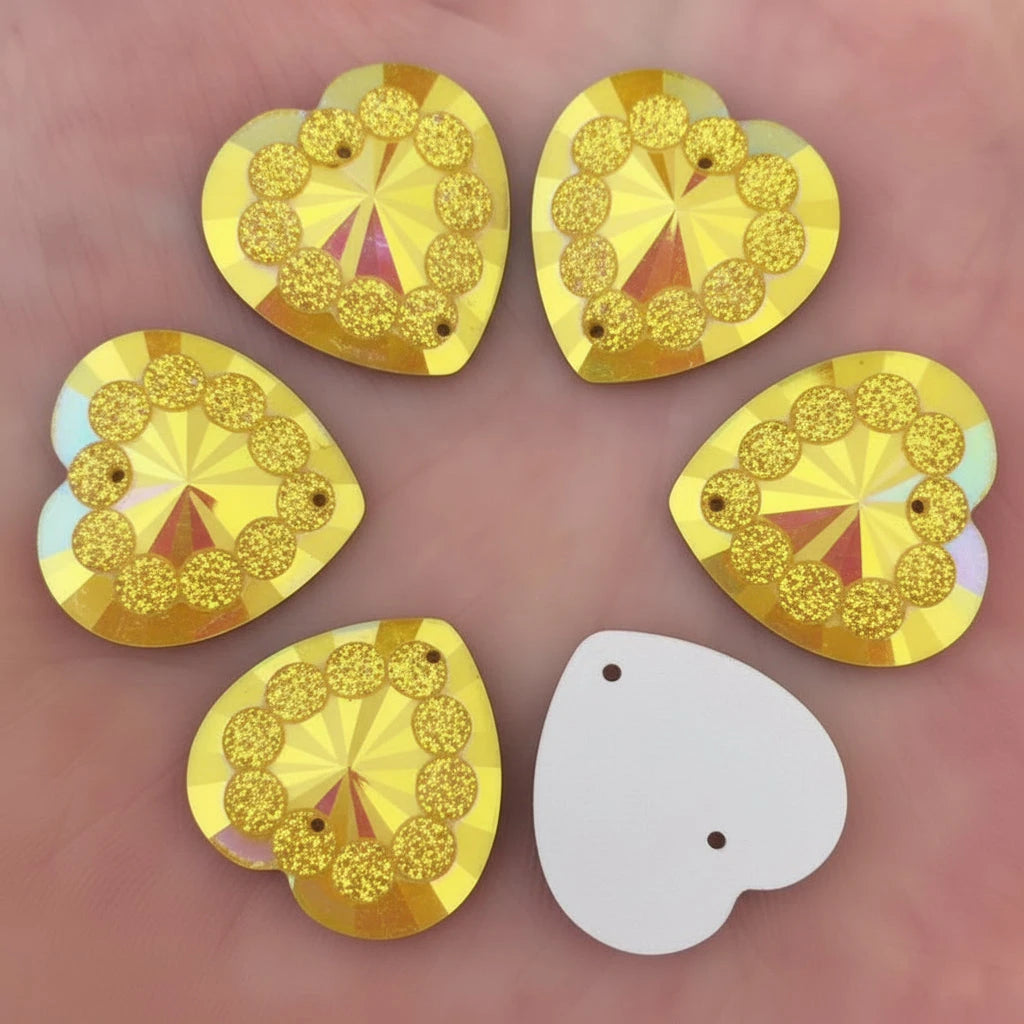 20mm Yellow AB Heart Blossom Design, Sew On, Resin Gem, (Sold in Pair)