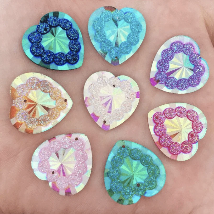 20mm, Aqua AB, AB Heart Blossom Design, Sew on, Resin Gem, (Sold in Pair)