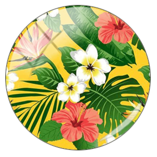 Sundaylace Creations & Bling Resin Gems Bright Yellow with White & Coral Floral Tropical Gem 20mm Yellow Tropical Flower Acrylic Printed Circle, Glue on, Resin Gem