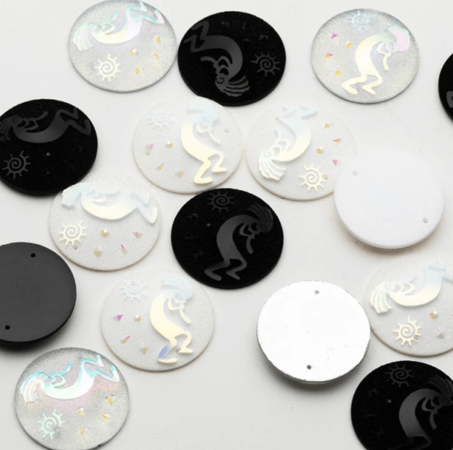 Sundaylace Creations & Bling Resin Gems 25mm Black, Clear and White AB Flute playing Character, Sew on, Resin Gems