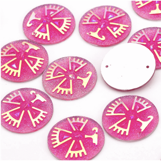 Sundaylace Creations & Bling Resin Gems Pink AB 25mm First Nations Thunder bird design, AB round, Sew on, Resin Gem