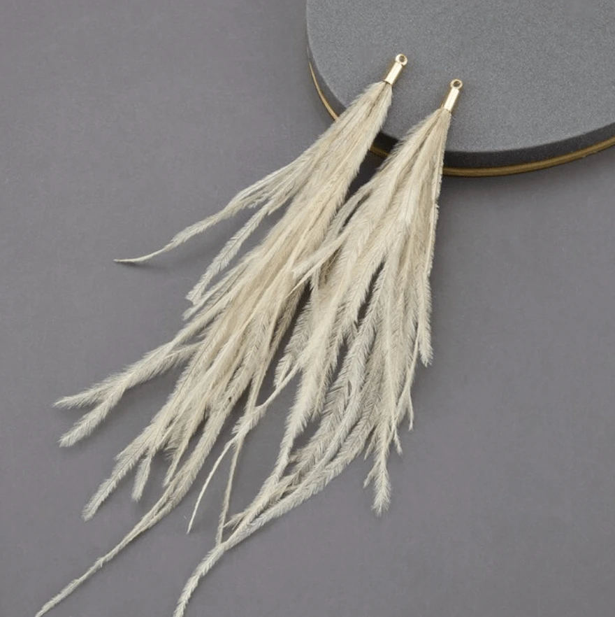 Sundaylace Creations & Bling Bone Ivory Taupe 4*120mm Feather Tassel with one hole gold top, Earring Findings (Sold 5 pair)