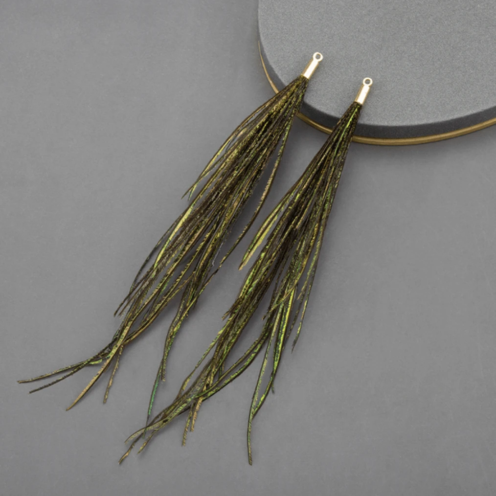 Metallic Green Peacock Style 4*120mm Feather Tassel with one hole gold top, Earring Findings (Sold 5 pair)