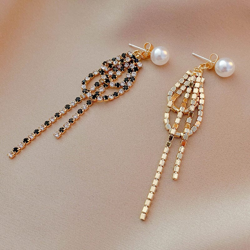 Sundaylace Creations & Bling Earring Findings 40mm Pearl stud, with Clear & Black Rhinestones Long Tassel Ear nuts, Earring Findings, Basics *Sold in pair*