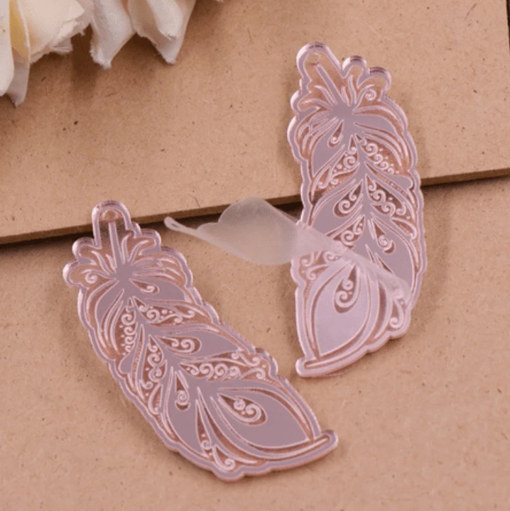 60mm Silver, Gold, Rose Gold Mirror Etched Feather Shape, Sew on, Mirror Gem Mirror Gems