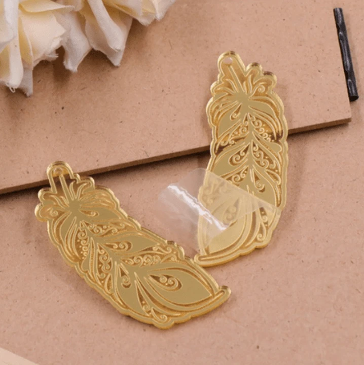 60mm Silver, Gold, Rose Gold Mirror Etched Feather Shape, Sew on, Mirror Gem Mirror Gems