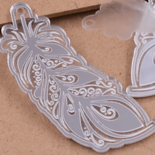 resin gems Mirror Gems 60mm Silver Mirror Etched Feather Shape, Sew on, Mirror Gem