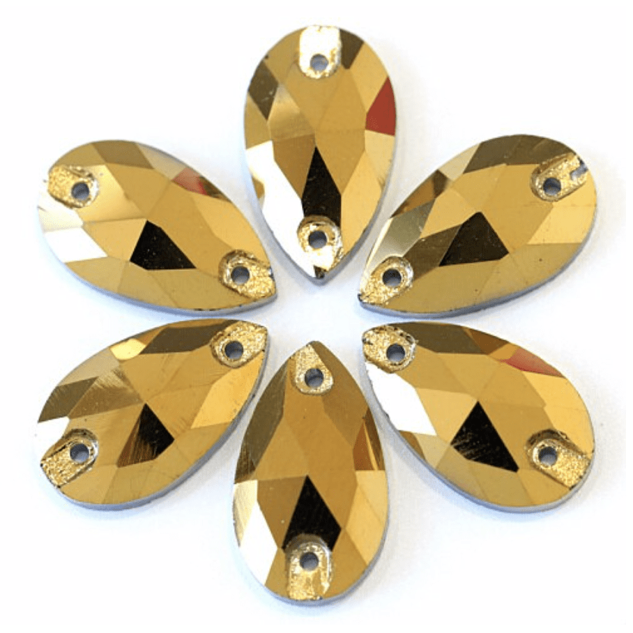 Sundaylace Creations & Bling Glass Gems 13*22mm 7*12mm, 13*22mm, & 17*28mm Hematite Gold Metallic Teardrop, Sew on, Glass Gems *sold in pairs
