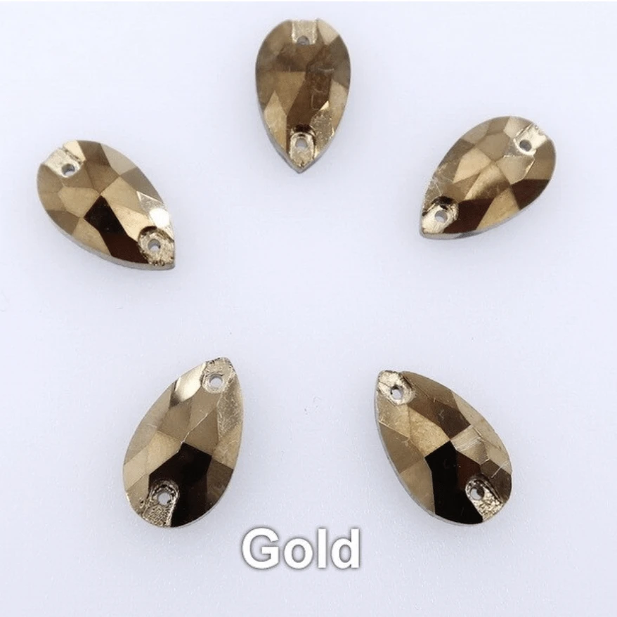 Sundaylace Creations & Bling Glass Gems 7*12mm GOLD 7*12mm, 13*22mm, & 17*28mm Hematite Gold Metallic Teardrop, Sew on, Glass Gems *sold in pairs