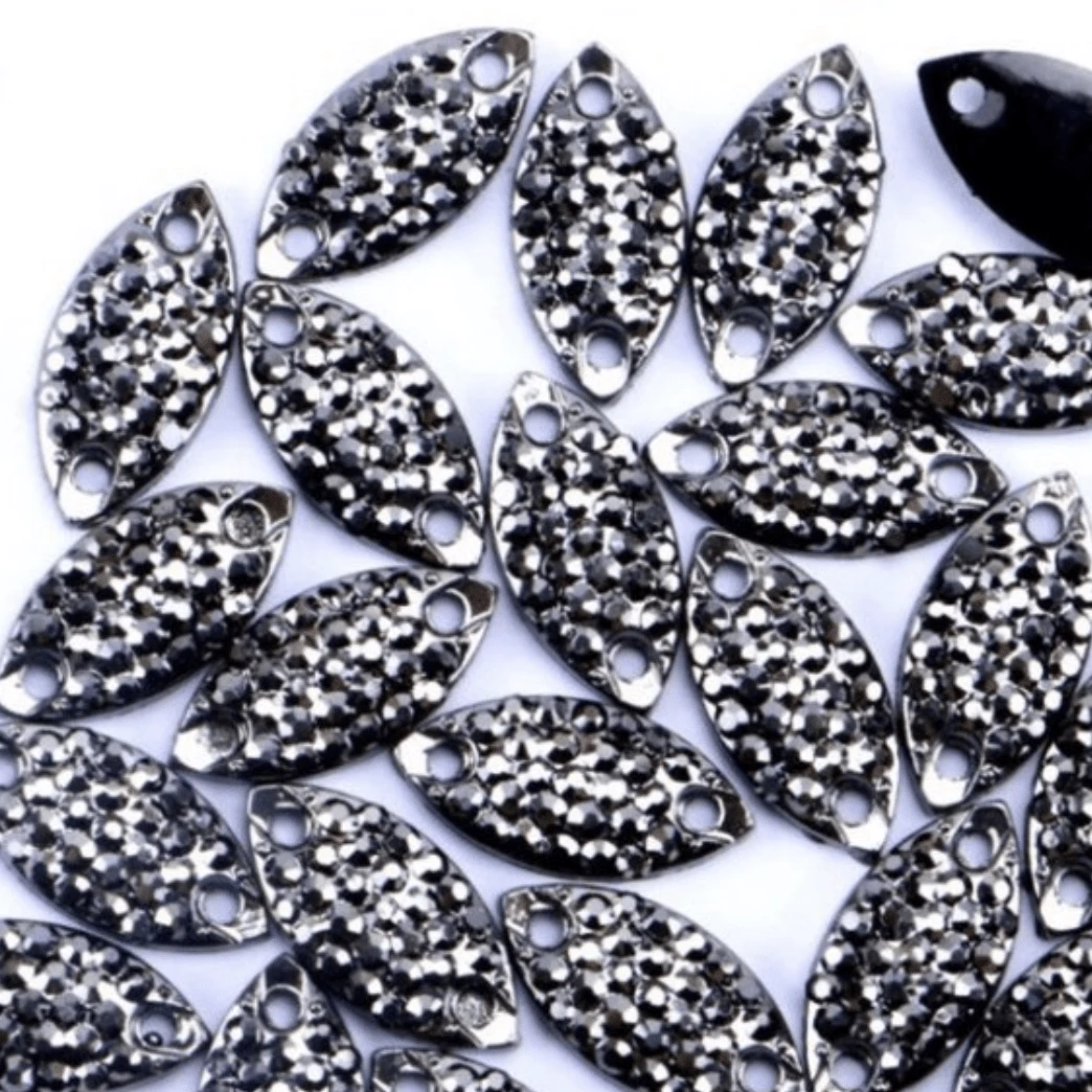 Sundaylace Creations & Bling Resin Gems 7*12mm Gunmental Silver dot texture, Navette, Sew on, Black Bottom Resin Gem