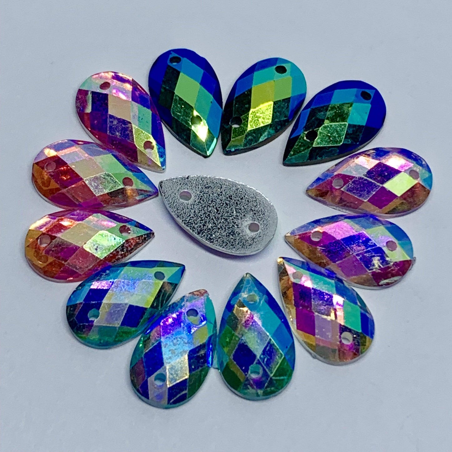 7*12mm, Dark Blue AB Checkered, Muli-colour Checkered pattern, Teardrops, Sew on, Resin Gem, (Sold in Pair)