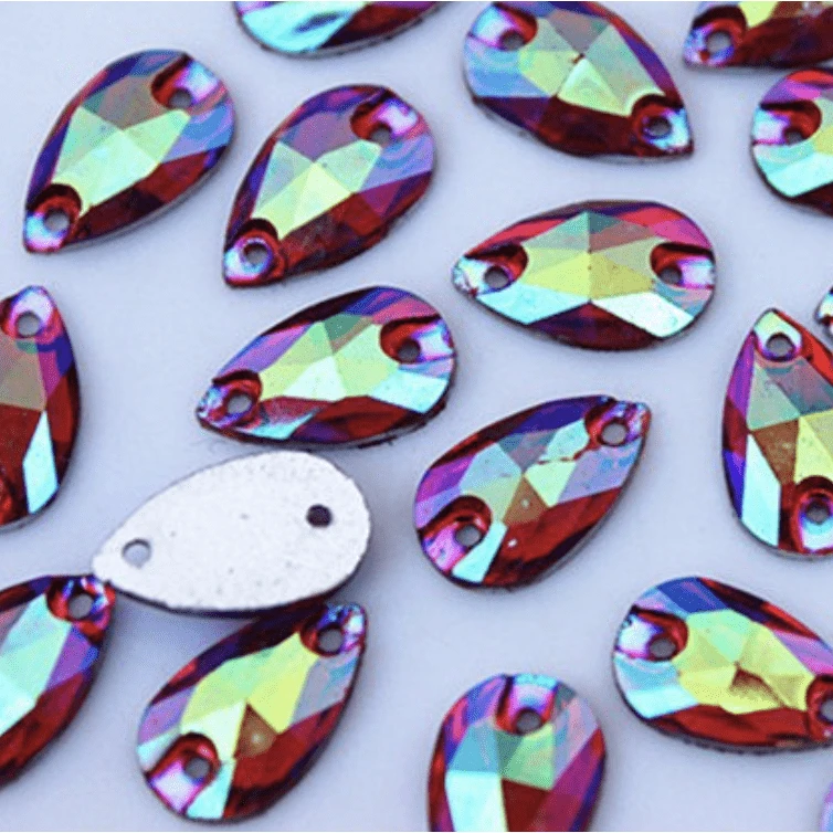 7*12mm, Red AB, Multi-coloured AB, Mini Teardrop, Sew on, Resin Gem, (Sold in 12 pcs)