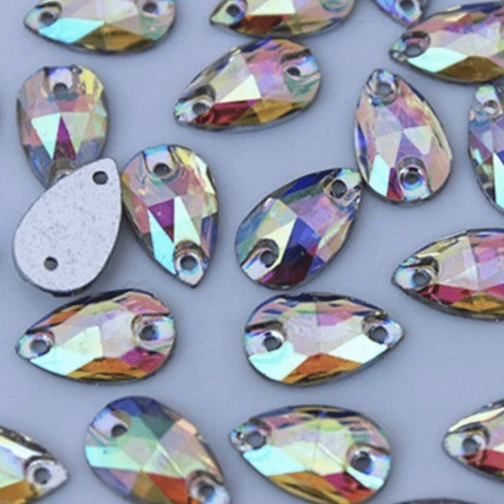7*12mm, AB, Multi-coloured AB, Mini Teardrop, Sew on, Resin Gem, (Sold in 12 pcs)