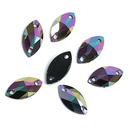 Sundaylace Creations & Bling Resin Gems Amethyst AB #34 7*12mm Various Black AB Mini Navette, sew on, Black Bottom Resin Gem (Sold in sets of 12 gems)